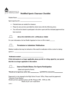 Modified Sports Clearance Checklist