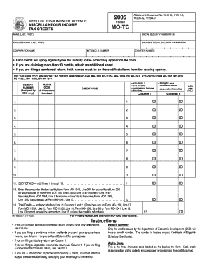 Missouri Miscellaneous Income Tax Credits Form MO-TC