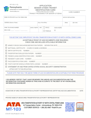 Pennsylvania Senior Citizen Transit Identification Card Application