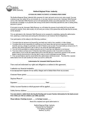 Bedford Regional Water Authority Automatic Debit Payment Authorization