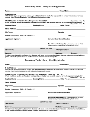 Tewksbury Public Library Card Registration Form