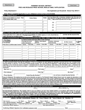 Parkway School District Free and Reduced Price Meals Application
