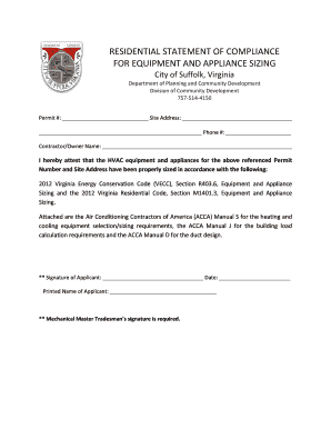 Residential Statement of Compliance for Equipment and Appliance Sizing