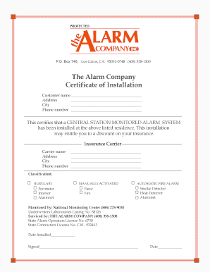 Certificate of Installation for Central Station Monitored Alarm System