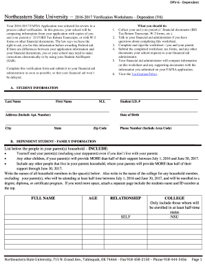 2016-2017 Verification Worksheet Dependent