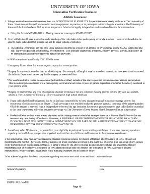 University of Iowa Athletic Insurance Verification Statement
