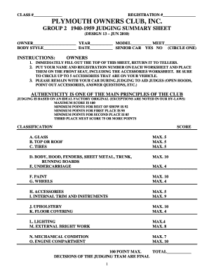 Plymouth Owners Club Car Judging Summary Sheet