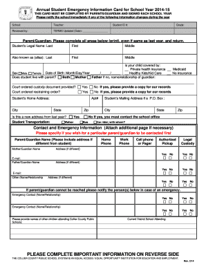 Annual Student Emergency Information Card