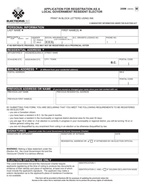 British Columbia Resident Elector Registration Form