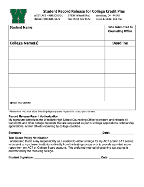 Student Record Release for College Credit Plus