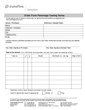 Order Form Parentage Testing Horse