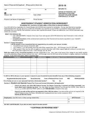 Independent Student Verification Worksheet