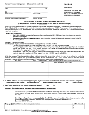 Dependent Student Verification Worksheet