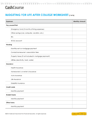Budgeting for Life After College Worksheet