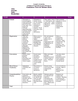 Kuwait University Written Work Evaluation Form