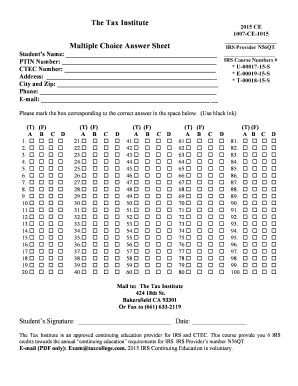 IRS Continuing Education Exam Answer Sheet