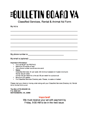 Classified Services, Rental & Animal Ad Form