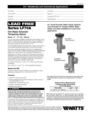 Watts LF70A Hot Water Extender Tempering Valve Installation Form