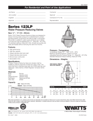 Watts Series 123LP Water Pressure Reducing Valve Installation Form
