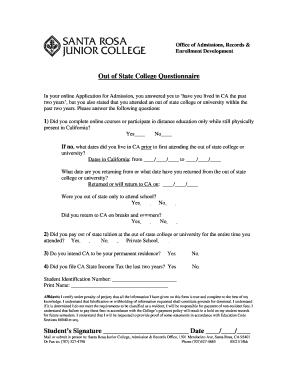 Out of State College Questionnaire
