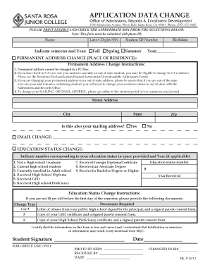 Student Application Data Change Form