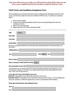 VISTA Terms and Conditions Acceptance Form