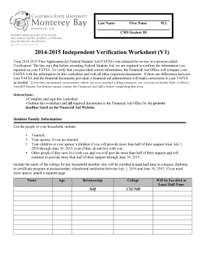 2014-2015 Independent Verification Worksheet