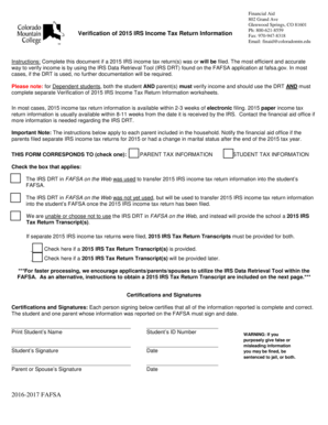 Verification of 2015 IRS Income Tax Return Information