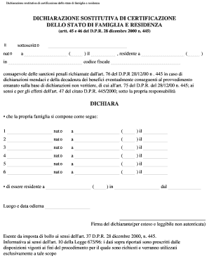 Dichiarazione sostitutiva di certificazione dello stato di famiglia e residenza