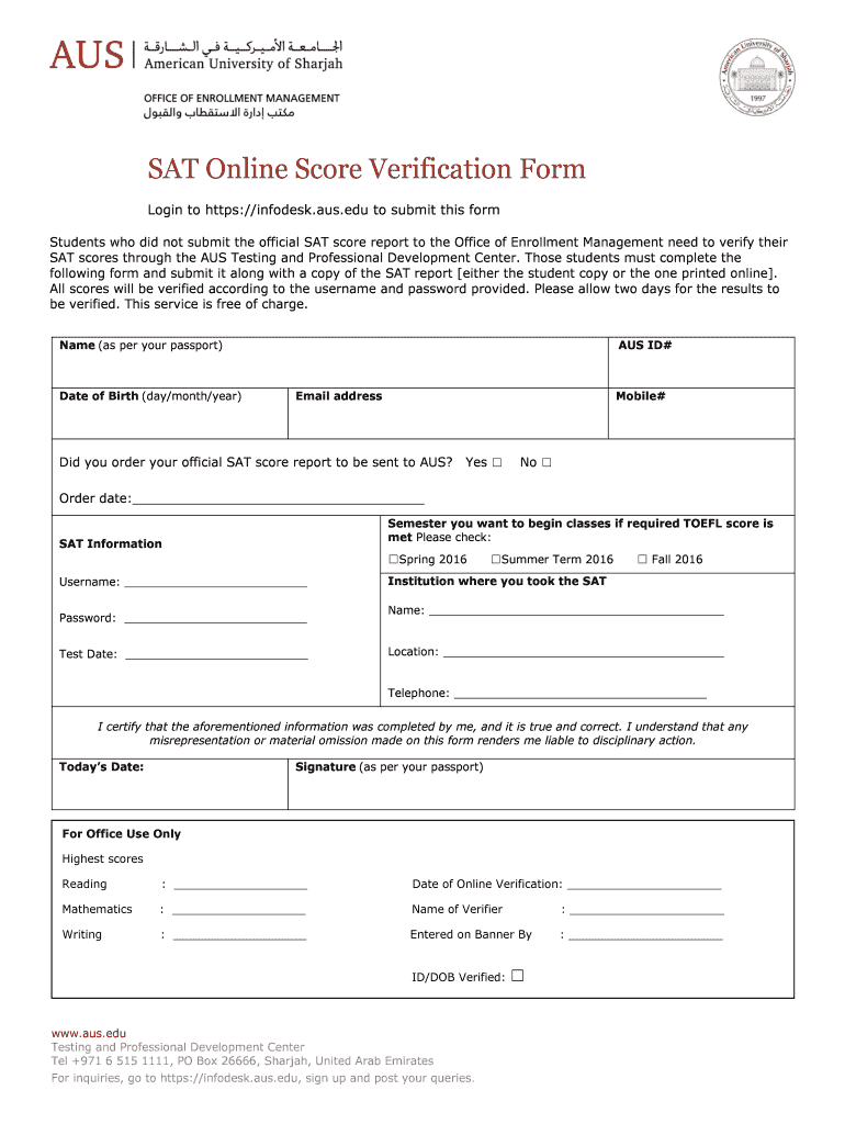 Fillable Online aus SAT Online Score Verification Form Fax Email Print