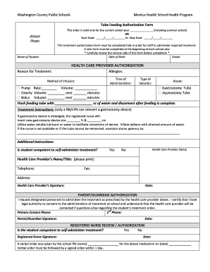 Washington County School Tube Feeding Authorization Form