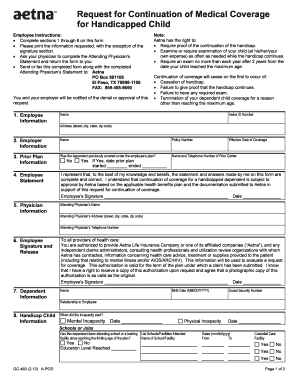 Request for Continuation of Medical Coverage for Handicapped Child