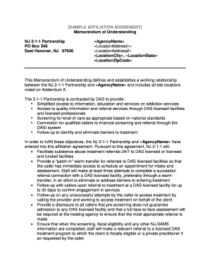 Sample memo for preliminary investigation - SAMPLE AFFILIATION AGREEMENT Memorandum of Understanding - nj211