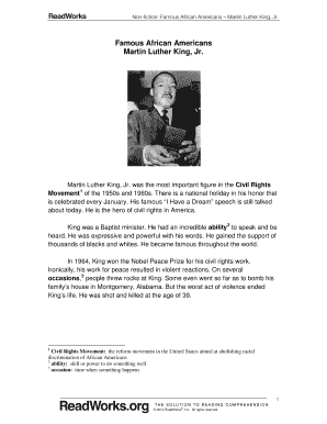 Martin Luther King Jr Reading Comprehension Worksheet