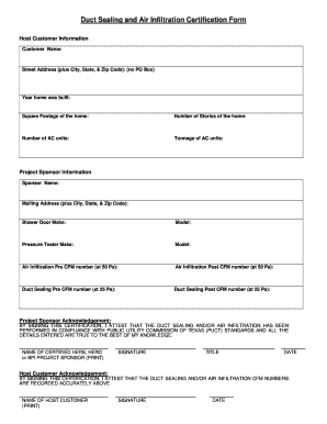 Duct Sealing and Air Infiltration Certification Form