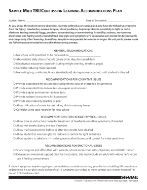 Mild TBI/Concussion Learning Accommodations Plan