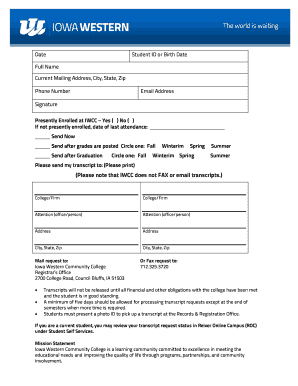 Iowa Western Community College Transcript Request Form