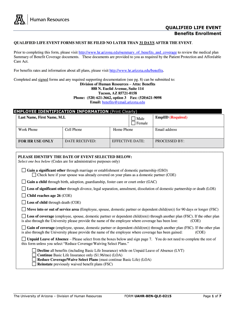 Fillable Online hr arizona Qualified Life Event Human Resources University of Arizona Fax
