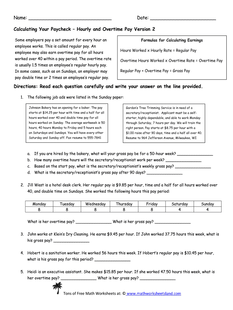 Calculating your paycheck hourly and overtime pay version 1: Fill out &  sign online | DocHub