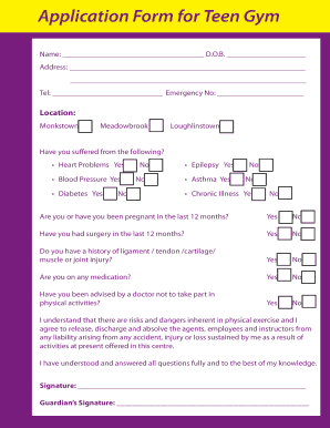 Teen Gym Application Form