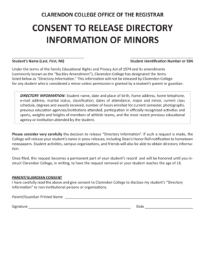 Consent to Release Directory Information of Minors - clarendoncollege