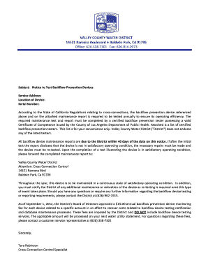 California Backflow Prevention Device Test Notice