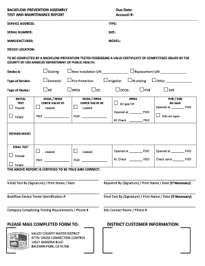 Backflow Prevention Assembly Test and Maintenance Report