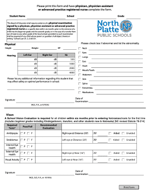 Nebraska School Physical and Vision Examination Form