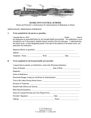 Parent and Prescriber Authorization for Medication Administration