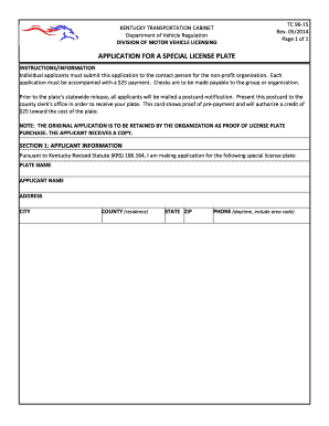 Kentucky Special License Plate Application