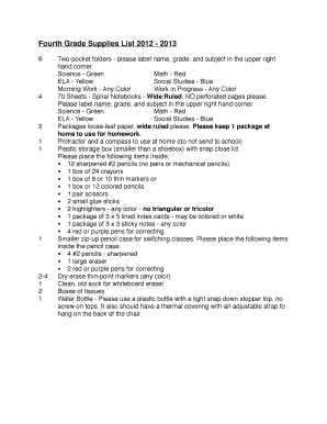 Fourth Grade Supplies List