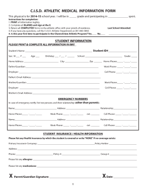 Channelview ISD Athletic Medical Information Form