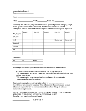 Ohio School Immunization Record Form