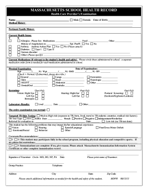 Massachusetts School Health Record